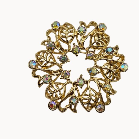 VTG Brooch GoldTone Leaf AB Rhinestone Wreath Snowflake Stmt Christmas Holiday - Picture 1 of 8
